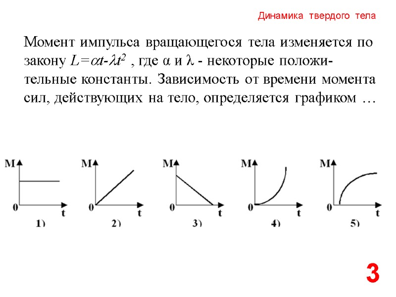 Динамика  твердого  тела 3 Момент импульса вращающегося тела изменяется по закону L=at-lt2